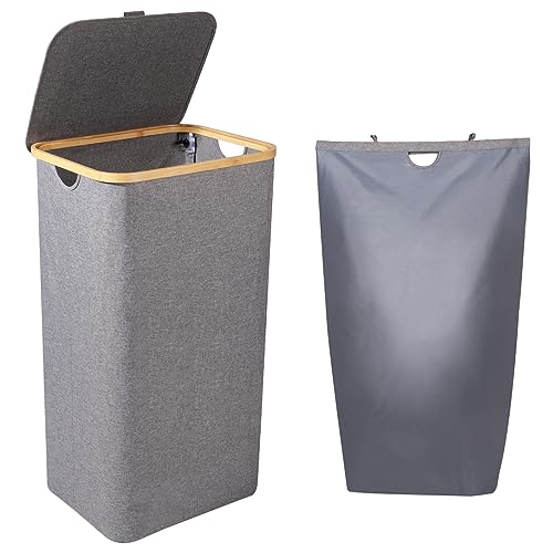 Lannvan Wäschekorb mit Deckel, 100L Wäschekorb Grau mit Abnehmbar Wäschesack - Faltbarer Schmutzwäschebehälter Wäschetonne Wäschebox für...
