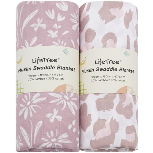 LifeTree Swaddle Blankets Baby Girl, 2-Pack Super Soft 70% Viscose Bamboo and 30% Cotton Muslin Swaddles Blankets (Large 47" x 47"), Mauve Floral & Blush Leopard Pattern, Newborn Baby Registry
