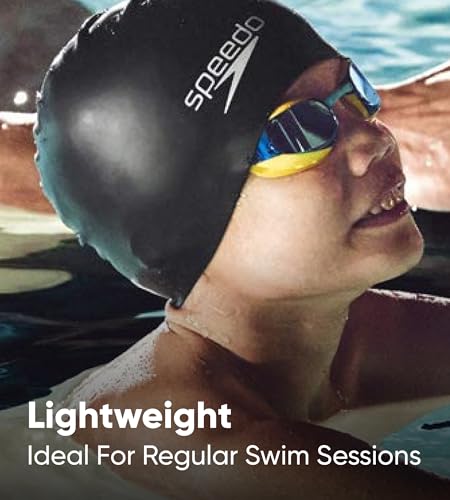 Image of Speedo Unisex Kids Long Hair Chlorine Resistant Swim Cap for Boys and Girls - Black & Green