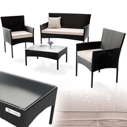 Juskys Ensemble de Meubles en polyrotin Fort Myers 4 Personnes avec canapé 2 Places, 2 chaises, Table et Coussins d'assise mobilier de Balcon - Rembourrage Noir et...