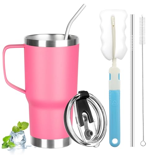 Image of 20 oz Tumbler with Handle, Stainless Steel Insulated Tumbler with Lid and Straw, Double Wall Vacuum Coffee Mug Tumbler, Insulated Coffee Thermal Cup for Cold and Hot (Rose Red, 20 Ounces)