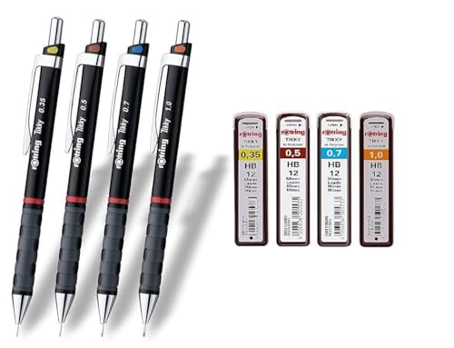 rOtring Tikky Druckbleistift (black Barrel, 4-teiliges Set) - 0.35 | 0.5 | 0.7 | 1.0 + passende Original-Ersatzminen