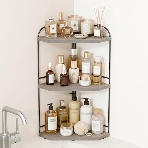 Image of Corner Bathroom Counter Organizer, 3-Tier Wood Countertop Organizer for Perfume, Makeup Storage, Skincare Organizers for Vanity, Counter Corner Shelf for Kitchen, Bathroom, Dresser (Grey)