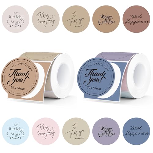 Yurifaz 2 Rollen Runde Thermo-Etiketten 50mm x 50mm Thermoetiketten Mehrfarbige Etiketten Thermo-Aufkleber für Dankekarte Nicht kompatibel mit NIIMBOT Dymo oder Brother 140 Stück/1 Rolle(Rosa+Braun)