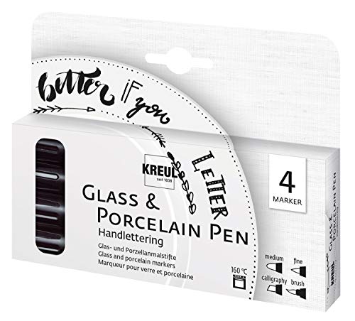 Kreul 16480 - glas & porselein pen handlettering, 4 zwarte pennen met verschillende punten en lijndiktes, briljante glas- en porseleinverf, ideaal voor mooie lettertypes
