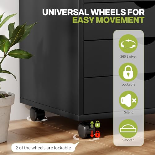 Image of 5-Drawer Chest, Office Storage Dresser File Cabinet with Wheels, Mobile Dresser for Home Office, Black