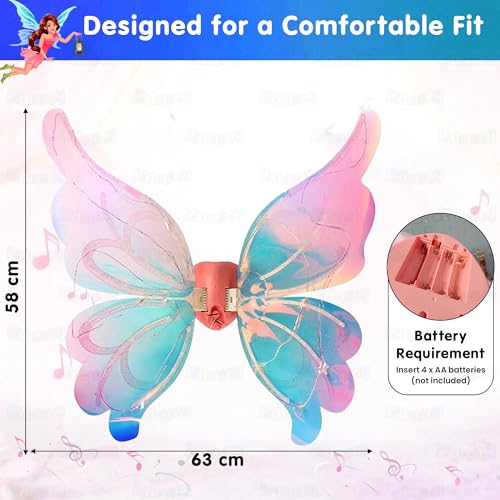 Image of Kidology Electric Butterfly Wings for Girls 3+ Years | LED Light-Up Moving Magical Fairy Wings with Music | Princess Costume Accessory for Halloween, Christmas & Birthday Parties