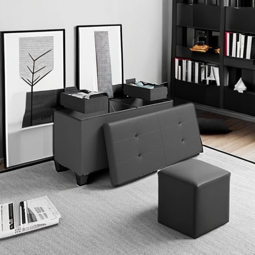 Miniatura 5 de Otomana con contenedores de almacenamiento, para el extremo de la cama, plegable, con reposapiés, para sala de estar y dormitorio, peso máximo de