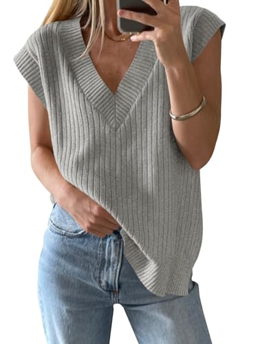 Image of Saodimallsu Womens V Neck Sweater Vest Oversized Ribbed Knit Sleeveless Casual Loose Fit Pullover Tank Top