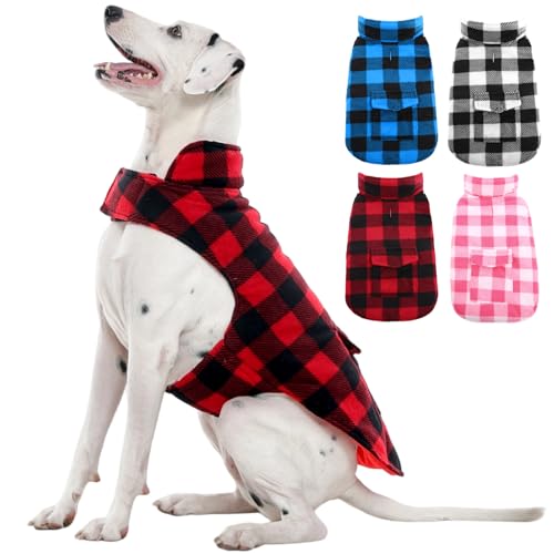 Kuoser Dog Winter Coat, Windproof Dog Fleece Jacket British Style Plaid Cold Weather Doggie Vest Coats, Reversible Cozy Warm Pet Clothes Apparel for Extra Large Size Dogs XXXL