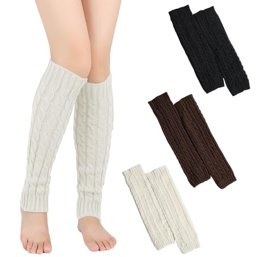 GXAHSOL 3 Paires Jambiere Femme, Tricotées Guetre Hiver, Y2K Leg Warmers, Knit Chaussettes Boot pour Ballet, Yoga, Danse, Sport, Accessoires de Fête des Années 80, Noir, Blanc, Marron