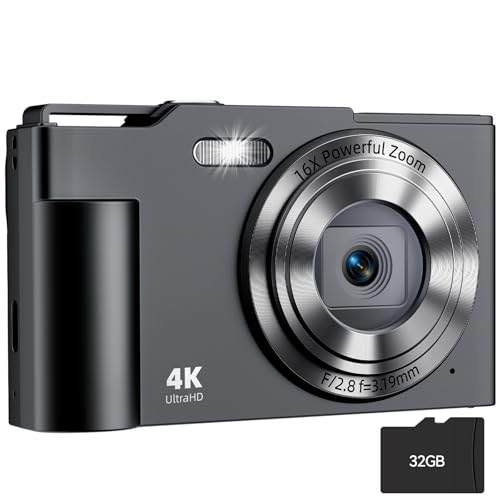Digital Camera, FHD 4K Digital Point and Shoot Camera with 16X Zoom Anti Shake, 48MP Compact Small Camera with 32GB Card for Boys Girls Kids