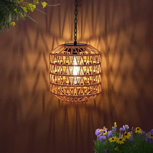 pearlstar Lámparas solares para exterior de jardín, farolillos de ratán para exteriores en estilo bohemio, lámpara solar para exteriores con cadena de metal y ganchos, jardín, balcón, terraza y patio