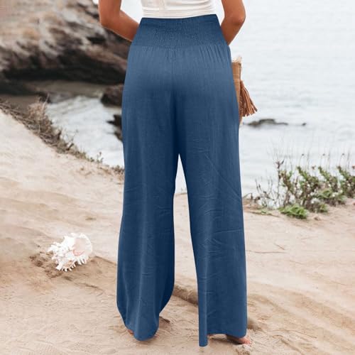 Teacher Pants for Women Trendy Wide Leg Linen Pants High Waisted Boho Flowy Casual Outfits Elastic Lounge Trousers4