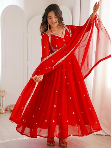 Image of Women's Georgette Sequence Embroidered Anarkali Kurta Set with Dupatta