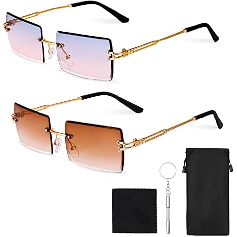 Popuppe 2 Pairs of Rimless Sunglasses Rectangle Frameless Sunglasses Antiglare Retro Fashion Square Sunglasses for Women and Men(Pink Brown) Cover