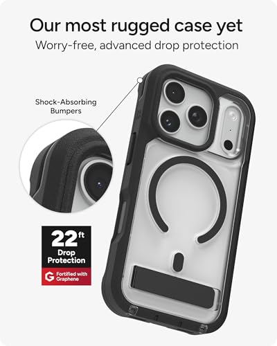 Image of ZAGG Rainier Case with Kickstand for iPhone 17 Pro - Black, Graphene 22ft (7m) Drop Protection, Lanyard Attach Points, MagSafe, Wireless Charging Compatible, 2-Piece Design, Phone Case