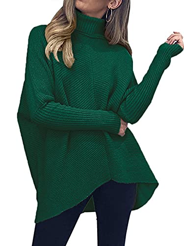 Image of ANRABESS Women's Turtle Neck Long Bat Wing Sleeve Asymmetric High Low Hem Extra Soft Sweater Fall Jumper Pullover A87molv-XS Green