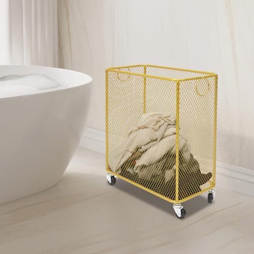 Image of Wire Metal Rolling Laundry Basket On Wheels,Gold Mesh Wire Laundry Basket Storage Cart for Bathroom Bedroom Dirty Clothes Storage (I)
