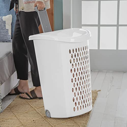 Generic Ultra Wheeled Design Clothes Hamper Laundry Basket, Mind Reader Basket Collection，135 Liter （20 1/8" X 15 3/8" X 26 3/4"）Capacity, White Lid & Base W/ Plastic Handle & Wheels, 3-Pack. #TOP3