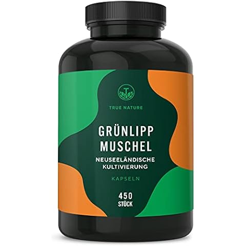 Grünlippmuschel - 450 Kapseln - 50% mehr Inhalt - Hochdosiert: 2000mg pro Tagesdosis - Ohne jegliche Zusatzstoffe - Kultiviert in Neuseeland - Laborgeprüft - Deutsche Produktion - TRUE NATURE® Cover