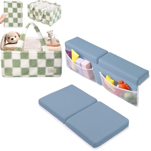 Bath Kneeler & Elbow Rest Pad Set(Blue) and Checkered Diaper Caddy(Green & White) Bundle