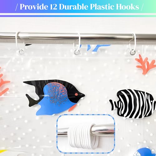 CAPQL Clear Tropical Fish Shower Curtain Liner with Design, Lightweight Plastic Transparent See Through Shower Curtain Fish with 12 Hooks for Bathroom, 72x72 Grommet Cute Animal Shower Curtains Set by CAPQL - Used condition - Image 5