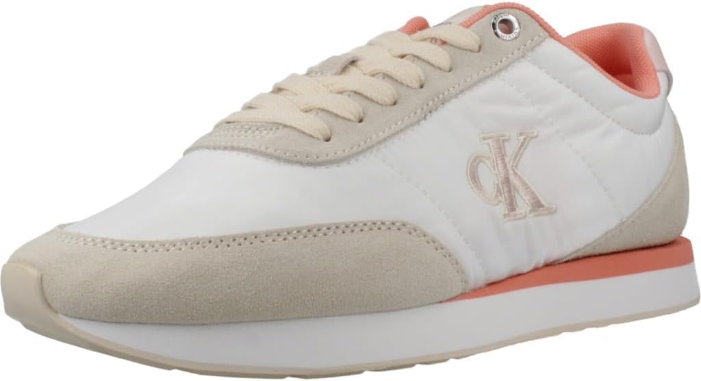 Calvin Klein Women’s Runner Trainers Retro Lace-up Low Top, Multicolor (Brilliant White/Light Cashew/Pink), 8.5