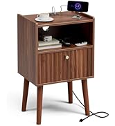 LCRBOL Side Table with Charging Station, Modern End Table with Fluted Drawer, Bedside Table, Nigh...