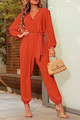 PRETTYGARDEN Women's Fall Jumpsuits Dressy Casual Pants Romper Spring Long Sleeve V Neck Belt Pockets One Piece Outfits
