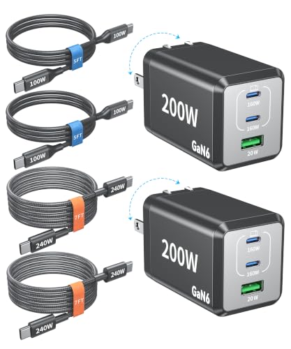 200W Compact USB C Charger Block Charging Station Fast Chager 3 Port Up to 140W Single‑Port Charging,for MacBook Pro,Laptop,iPhone 17/16/15 Series(Included 4 Pack 240W 7FT Cable)
