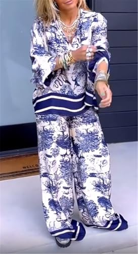 Recious Womens Sexy 2 Pieces Printed Pullover T-shrits Bodycon Wide Leg Pants Party Clubwear Tracksuit Outfits Set2