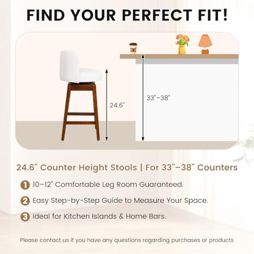 Image of COCO DESIGN Swivel Bar Stools Set of 2, 24 inch Counter Height Mid Century Modern Barstools with Back, Leather Upholstered Seat and Solid Wood Legs, for Bar Kitchen Island, Pearl White