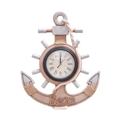 AXIKALB Orologio da Parete Timone di Legno Creativo Stile Mediterraneo Vintage Decorazione Ancora Nave Silenzioso Orologio al Quarzo