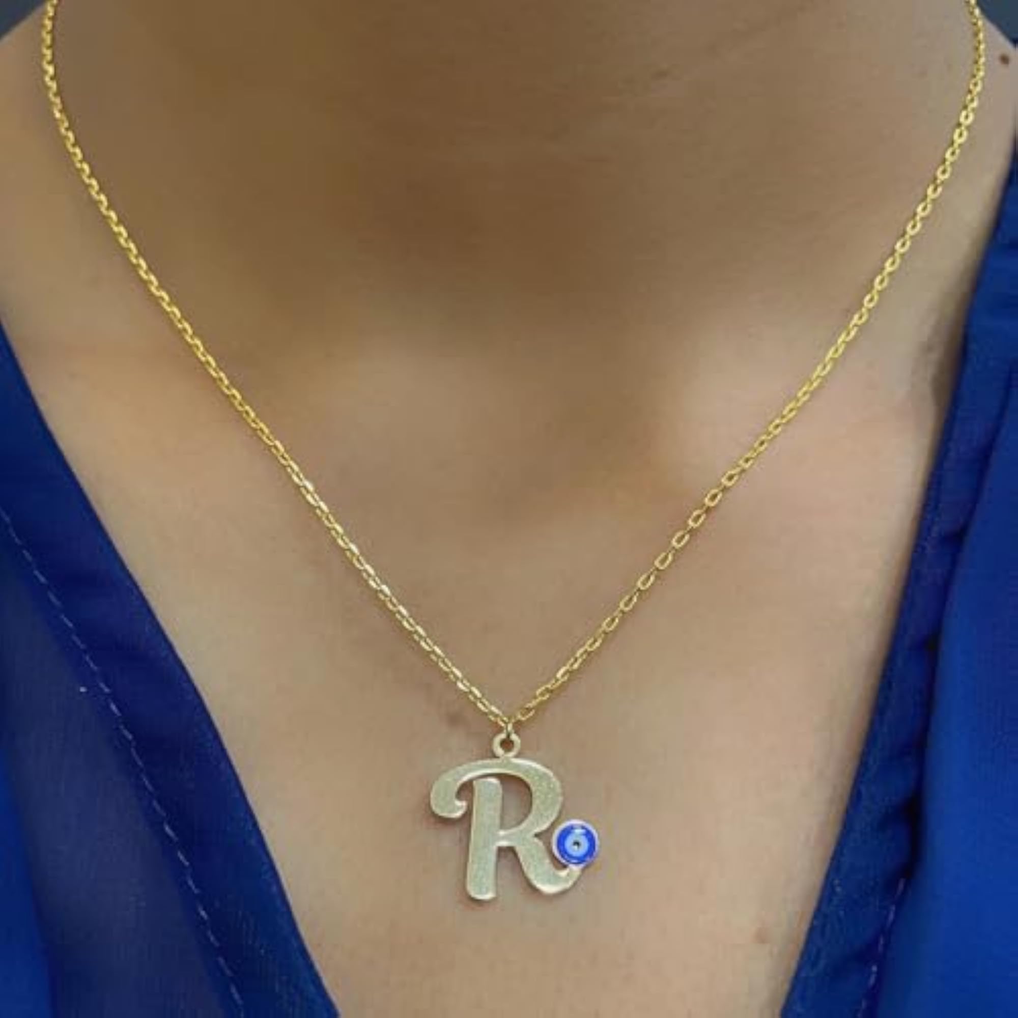 Women's Gold Plated Letter 'R' Blue Evil Eye Initial Necklace