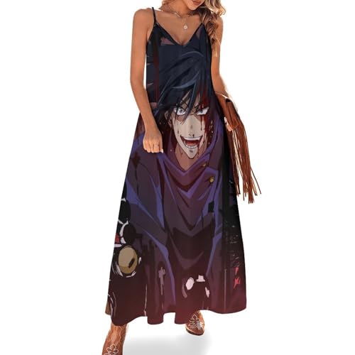 Robe maxi col V décontracté style anime boy et sans manches pour tenue de plage fluide