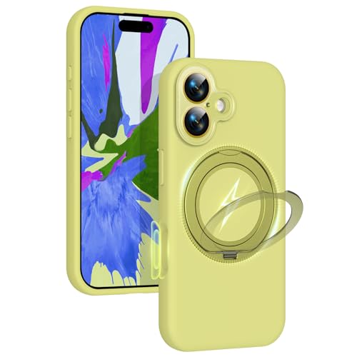 Image of Silicone 360 Spin Magnetic Stand Case for iPhone 17, [Compatible with Mag-Safe][Reinforced Hard Camera Protection] Liquid Silicone Rubber Phone Case Cover with Ring, Camera Button, Butter Yellow
