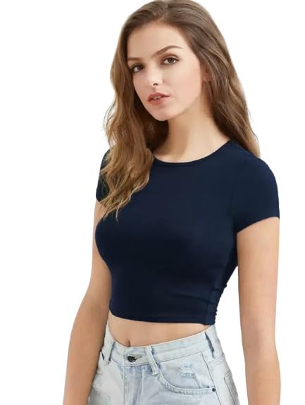 Image of Womens Round Neck Casual Solid Crop Top