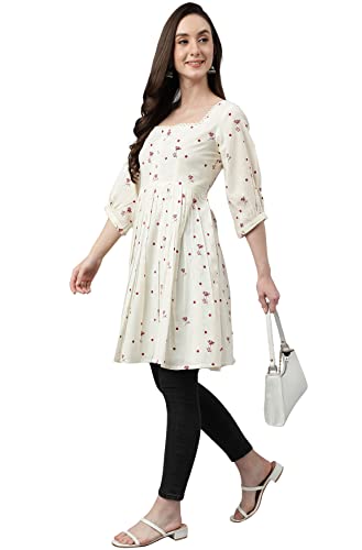 Image of Janasya Women's Cambric Cotton Botanical Print Flared Western Tunic Shirt