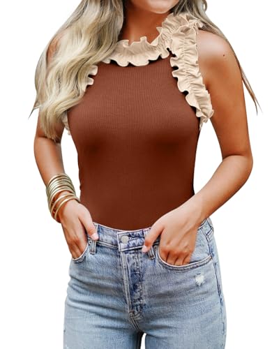 Image of WAYMAKER Women's Sleeveless Racer Back Ruffle Mock Turtle Neck Ribbed Bodysuit Tank Tops