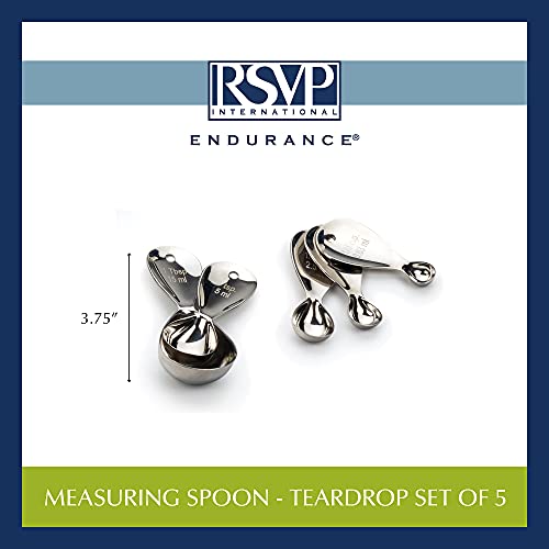 Rsvp International Endurance Kitchen Collection Measuring Spoons, Dishwasher Safe, Teardrop, 5 Piece, Stainless Steel #TOP6