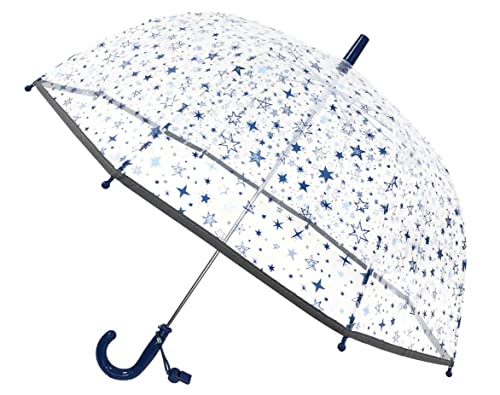 SMARTBULLE Paraguas burbuja infantil transparente - Borde reflectante : A prueba de viento; Diámetro=71cm; Apertura manual; Paraguas para niña; Diseño: Estrellas azules
