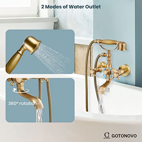 Wall Bathtub Faucet Set With Handheld Shower Spray Antique Brass Double Cross Handle 2 Functions Wall Mount 360 Swivel Mixer Tub Filler Spout Vintage Bathroom #TOP1