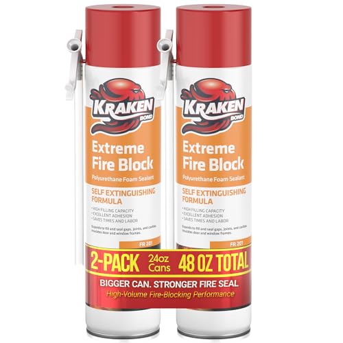 Kraken Bond Extreme Orange Fire Block Foam - (2x24oz) Fire Rated Polyurethane Spray for Gap Filling, Sealing on Windows, Walls, Joints & Pipes, Straw Use High Expansion Fire Proof Foam - 2 Pack