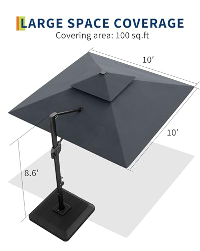 10' x 10' Heavy Duty Cantilever Patio Umbrella with Solar LED Lights & Weighted Base, 2-Tier Square Aluminum Offset Umbrella with 360-Degree Rotation for Backyard, Deck, Pool, Gray
