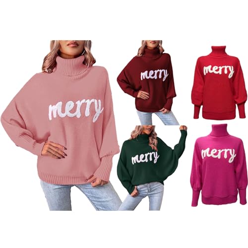 iTranyee Women Ugly Christmas Oversized Turtleneck Pullover Sweater Cute Merry Print Batwing Sleeve Loose Jumper Fall Outfits4