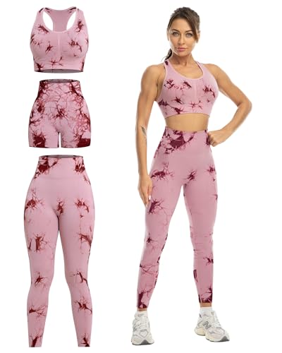SALSPOR 3 Piece Workout Sets for Women Butt Lifting Leggings with High Impact Sports Bra Gym Shorts Activewear Matching Set(3DWX-Tie Dye Burgundy-M)