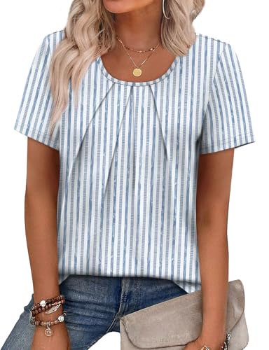 Image of WIHOLL Women T Shirts Pleated Short Sleeve Tops Business Casual Dressy Blouses