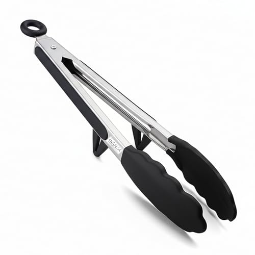 Image of NAALSA FLEXITONG Silicone Food Tongs for Kitchen, Barbeque and Serving - 9 inch - 1 Year Warranty - FDA Approved Silicone, 315C Heat-Resistant, Salad Tong, Serving Tong, BBQ Tong - Black