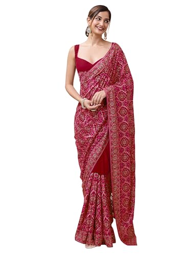 Image of TRENDMALLS Women's Vichitra Silk Heavy Embroidery With Siroski Stone Work Saree with Unstitch Blouse Piece For Women
